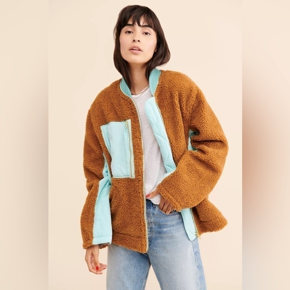 Free People Jacket Rivington Sherpa Oversized Fleece Winter Amber Combo S NWT - Picture 1 of 12